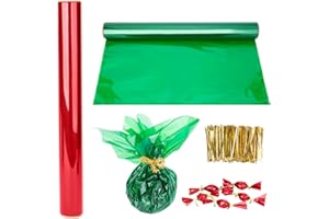 Wehhbtye 2 Rolls Christmas Cellophane Roll - 33Ft Long x 32In Wide Transparent Cellophane Wrapping Paper with 800PCS 3”Gold Twist Ties - Colored Cellophane Wrap for Gift Basket Treats Package Storage