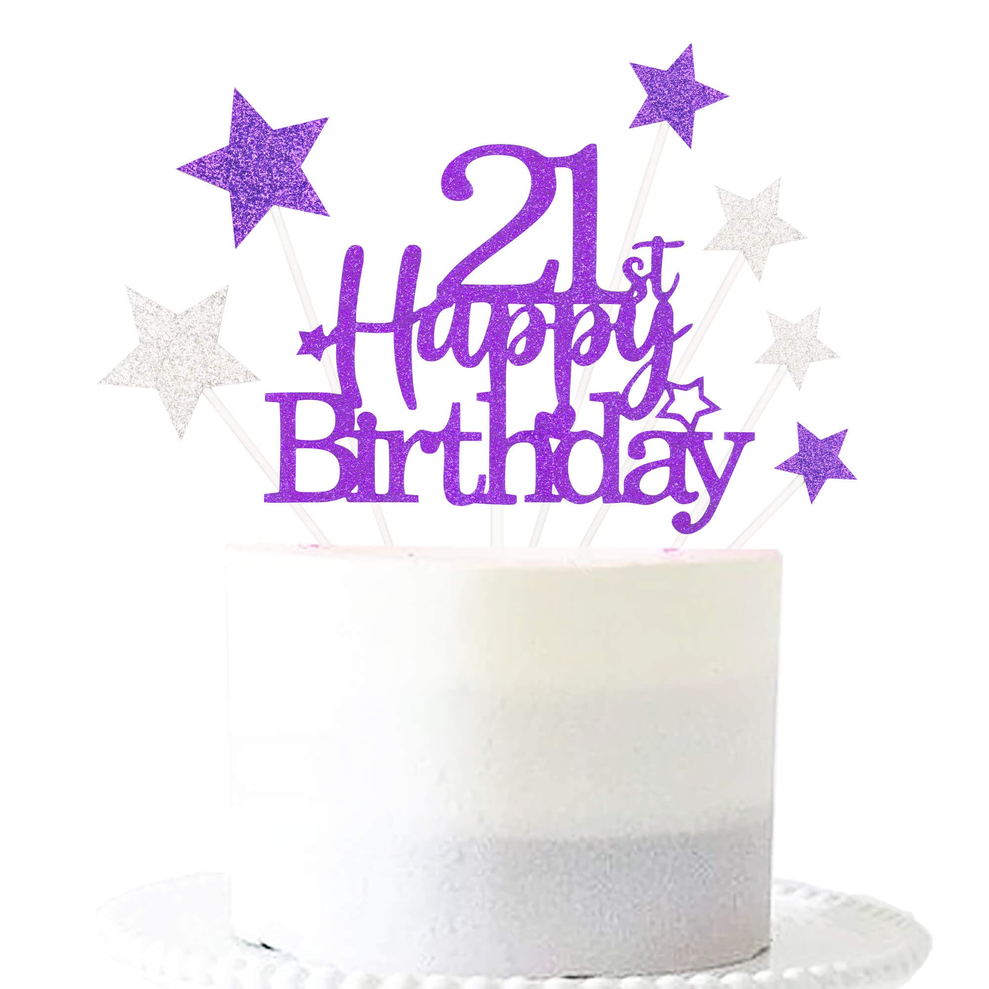Glittery 21st Happy Birthday Cake Topper with Star,Personalised 21 Birthday Cake Toppers Party Decorations Party Supplies for Boys Girls Purple Silver