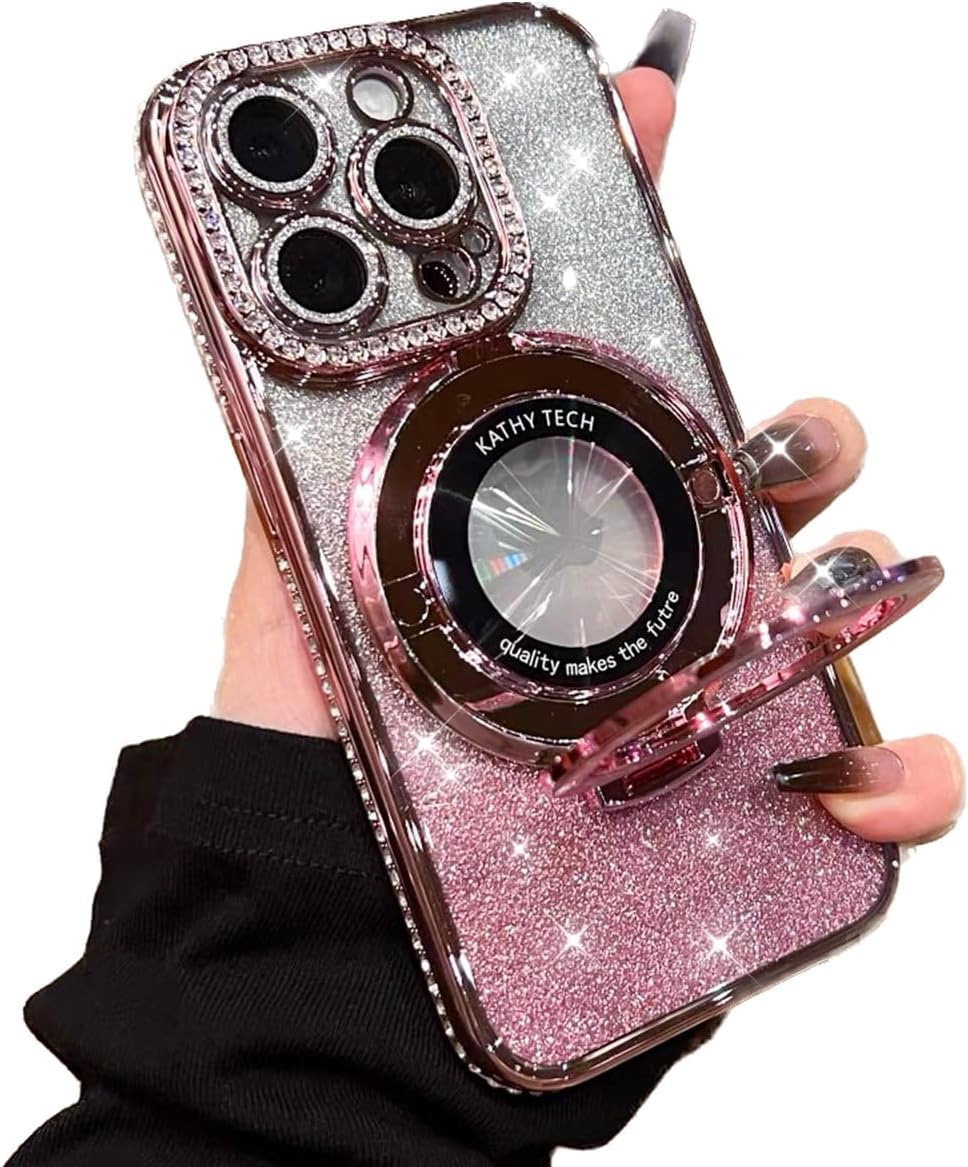 AuroiCCY Magnetic Case for iPhone 14 Pro Max with Ring Holder, Luxury Glitter Rhinestone Bling Case [Compatible with Magsafe] Shockproof Kickstand Camera Lens Protector for iPhone 14 Pro Max (Pink)