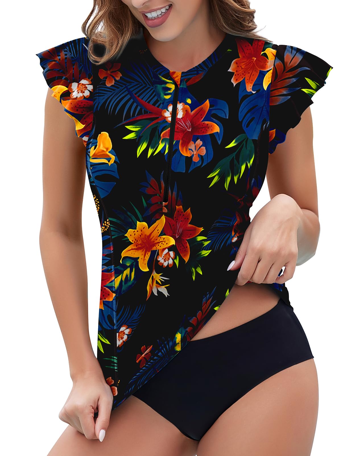 Photo 1 of (xl size, top)Soneven Womens Padded Rash Guard Short Sleeve Swim Shirts 1/4 Zip UPF 50 Sun Protection Swimsuit Tankini Bathing Suit Top (Colorful Flower, XL)