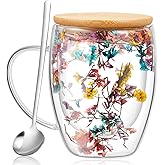 Rtteri 11.8 oz Double Wall Glass Coffee Mug with Bamboo Lid and Spoon Clear Flower Insulated Coffee Mugs with Handle Double Glass Cup Tea Cup for Cappuccino Latte Beverage