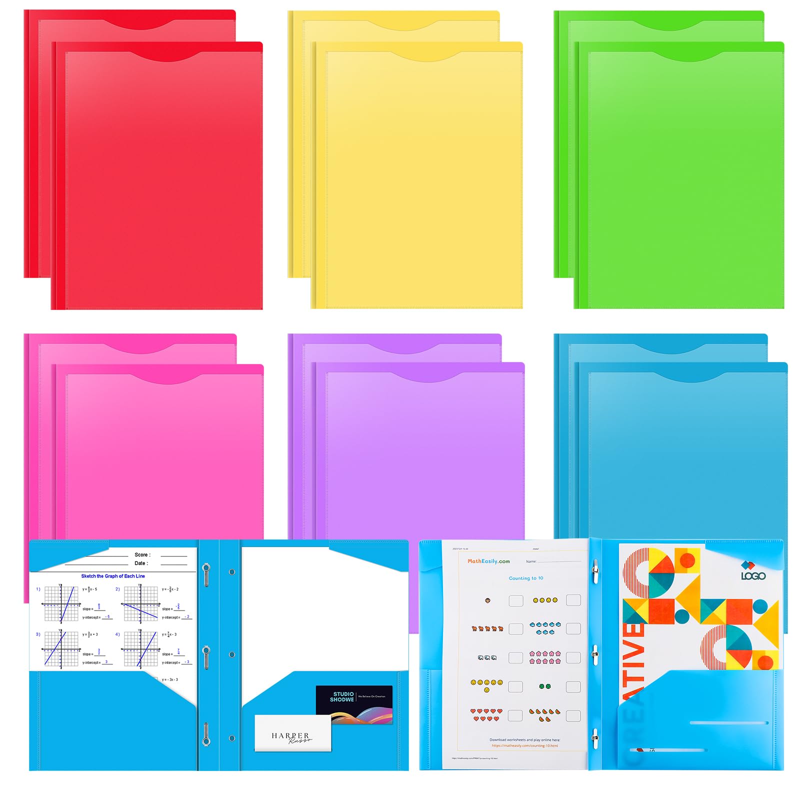 Briartw Heavy Duty Plastic Pocket Folder with Prongs for Letter Size Paper,12 Pack Colors File Folder with Clear Front Pocket,2 Pockets and 3 Prongs,As Well As 2 Card Slots,Pocket Folders