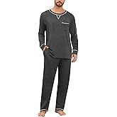 SWOMOG Mens Pajamas Set Modal Long Sleeve Sleepwear Crew Neck Pjs 2 Piece Loungewear Nightshirt Top & Pants with Pockets