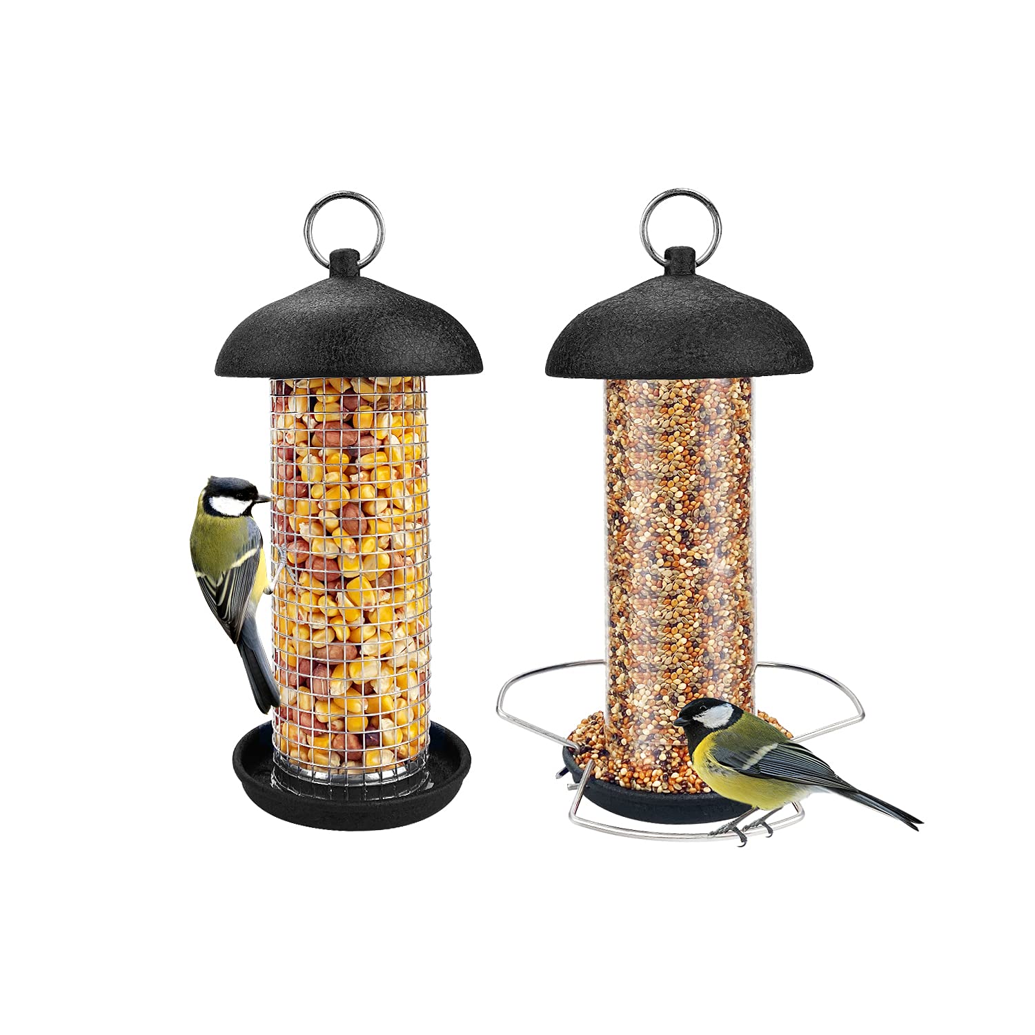 Urban Deco Bird Feeders for Small Birds Hanging Bird Feeder 2 Set Metal Tube Mixed Seed Feeder with Hanger Peanut Feeder for Garden Outside Yard for Attracting Wild Birds (𝐁𝐥𝐚𝐜𝐤-𝟐 𝐏𝐚𝐜𝐤)