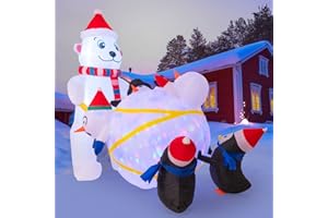 CAYAMA 6.6 Ft Personalized Gifts Inflatable Outdoor Decoration, Inflatable Snowman with Penguins Yard Decoration, Built-in Rotating Colorful LED Lights, Blow Up Inflatables for Yard Lawn