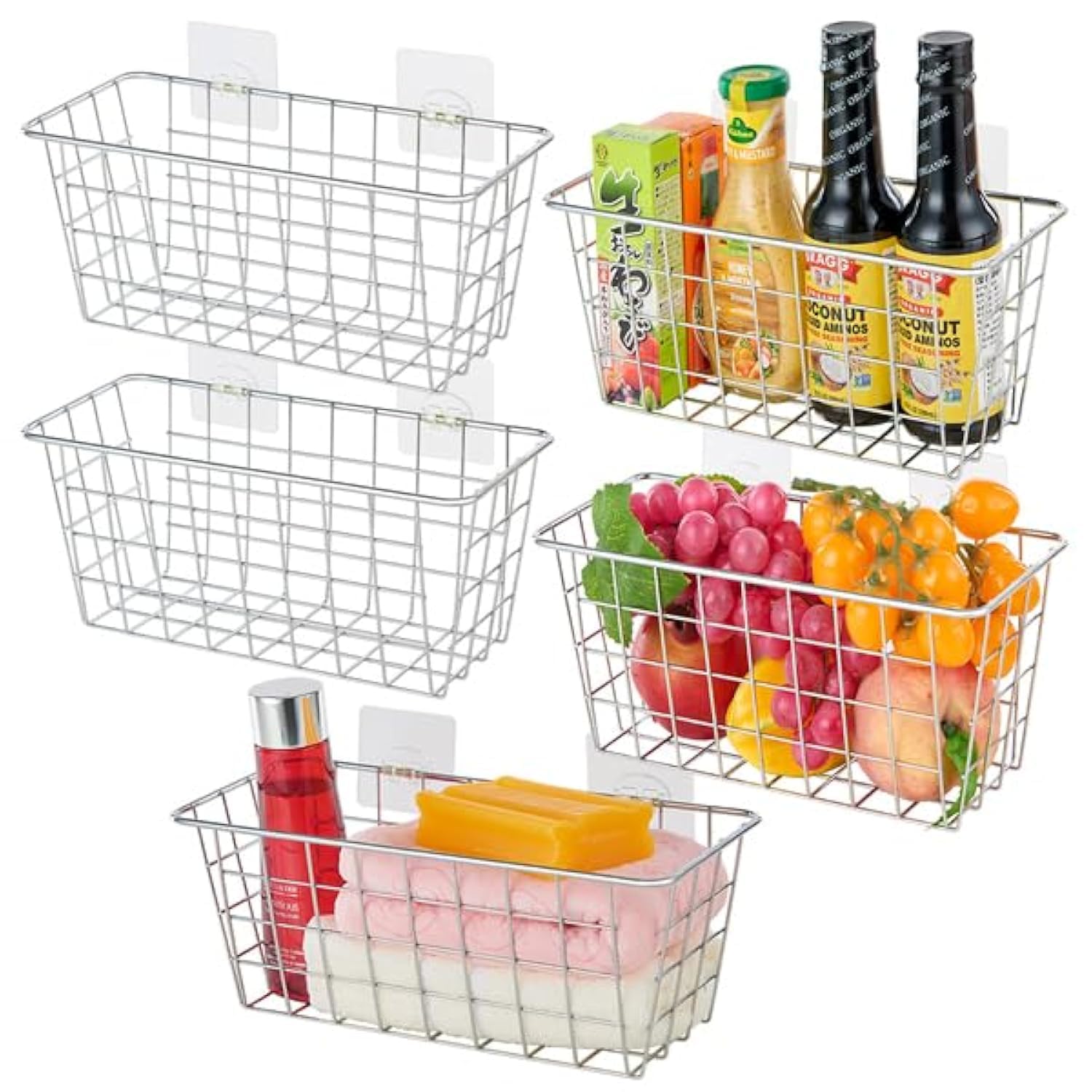 Photo 1 of JUNCHU CHERRY 5 Pack Hanging Storage Basket, Bathroom Basket, Household Goods, with Traceless Tape, no Drilling, for Cabinet Storage, Kitchen, Bathroom, Storage Room,Chrome