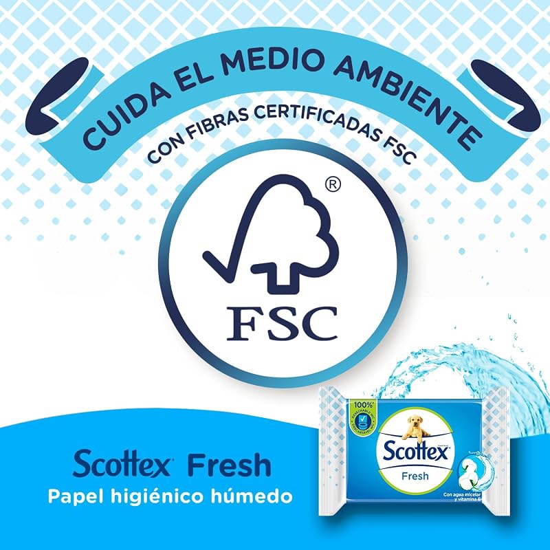 Papel Higiénico Húmedo Fresh con Agua Micelar y Vitamina E, Biodegradable y Sin Plástico, Caja 12 packs de 38 servicios, Total 456 Toallitas Húmedas Desechables por WC