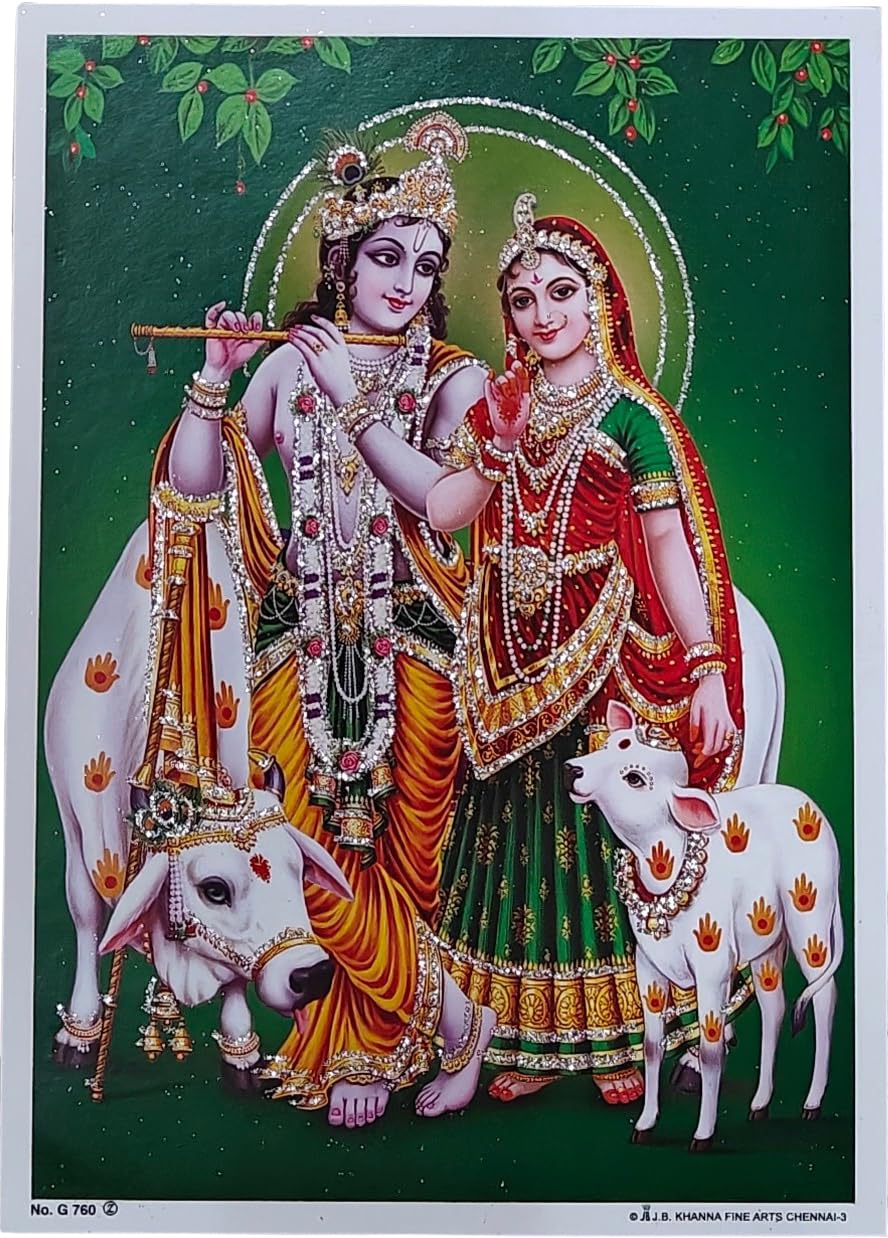 Rastogi Handicraft India Best Of Reprint Hindu God Poster/Picture With Unframed (White Paper, Radha-Krishna-With-Cow-7"X5")