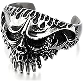 COOLSTEELANDBEYOND Heavy and Study Mens Stainless Steel Biker Flame Skull Cuff Bangle Bracelet Silver Black Two-Tone