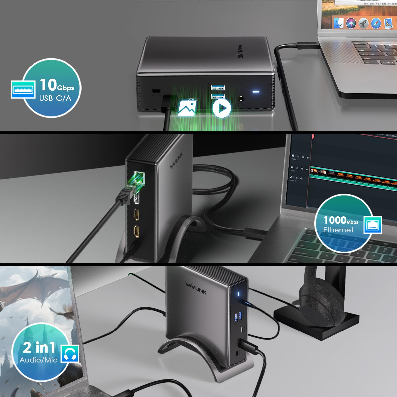 Laptop Docking station, WAVLINK PD3.1 Docking station für 3 Monitore mit 4K@144Hz, 2*HDMI + DP, 140 W PD-Aufladung, USB-C 10 Gb, USB-A 5 Gb, Gigabit-Ethernet, Audio/Mikrofon für Windows-Systemcomputer 8