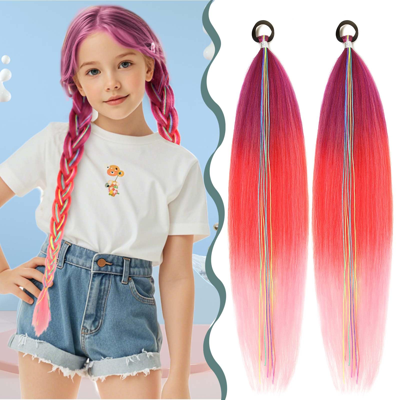 Braiding Hair Extensions - Ponytail Extensions with Elastic Tie Colorful Braid Hair Extension Kids Hair Extensions for Girls Twist Braids Hair for Women Red 26'' 2pcs(Purple/Red/Pink)