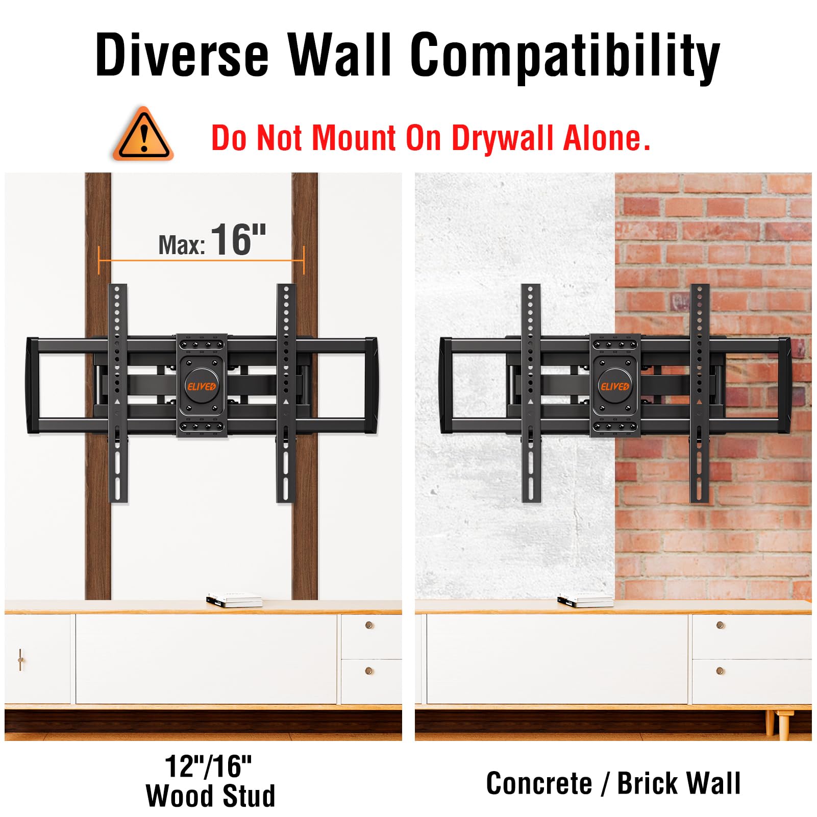 ELIVED TV Wall Mount for Most 37-82 inch tvs, Full Motion TV Mount Swivel and Tilt, Wall Mount Bracket Max VESA 600x400mm, Holds up to 132 lbs, Fits 8” 12” 16