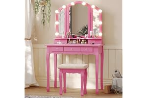 Tiptiper Vanity Desk with Tri-Fold Mirror and Lights, Makeup Vanity with Wood Upholstered Stool, Makeup Desk with 5 Drawers & 8 Jewelry Hooks, Small Vanity, Pink