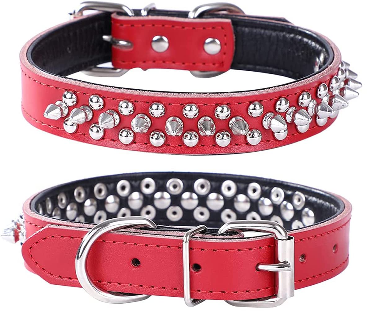 haoyueer Spiked Studded Dog Collar, Genuine Leather Dog Collar, Adjustable Pet Collars for Medium Large Bulldog Pitbull Mastiff Poodle Boxer (L, Red-2)