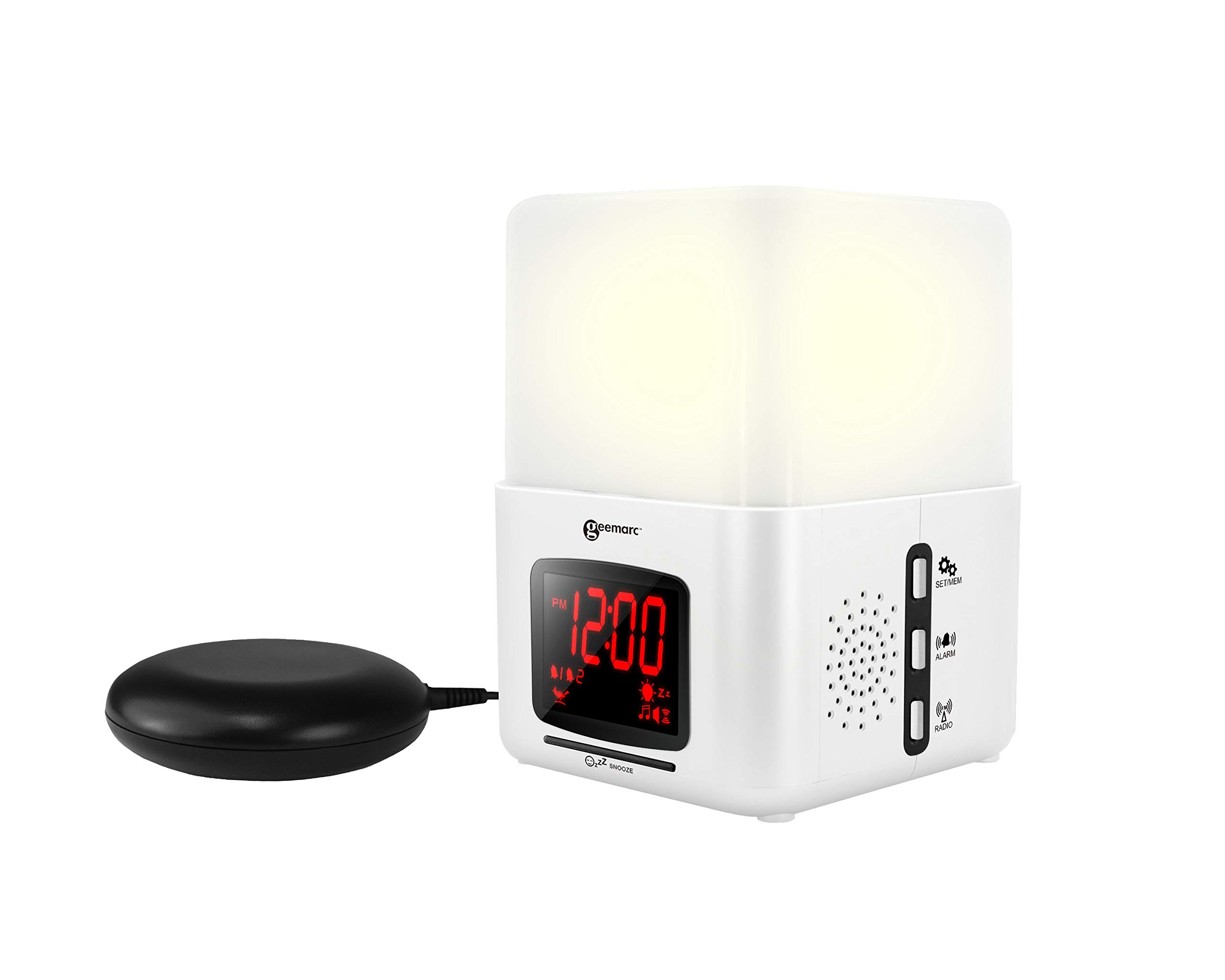 Geemarc Wake and Shake Light- Extra Loud Alarm Clock with Lamp, Radio and a Powerful Shaker Pad- Specialized for Hearing Impaired-White Colour- UK Version
