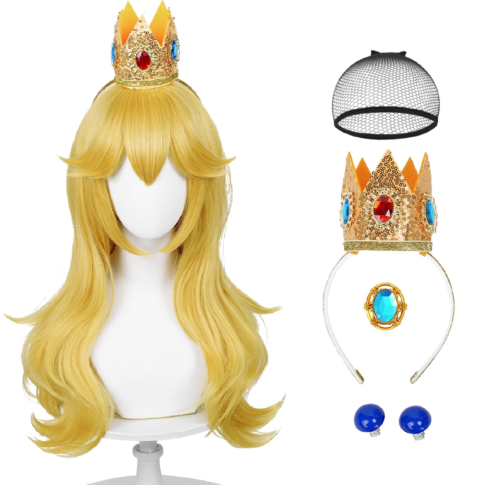 Photo 1 of Blonde Wavy Princess Wig for Adult, Long Golden Cosplay Wigs + Crown Brooch Earrings Accessories + Wig Cap for Halloween Costume Party