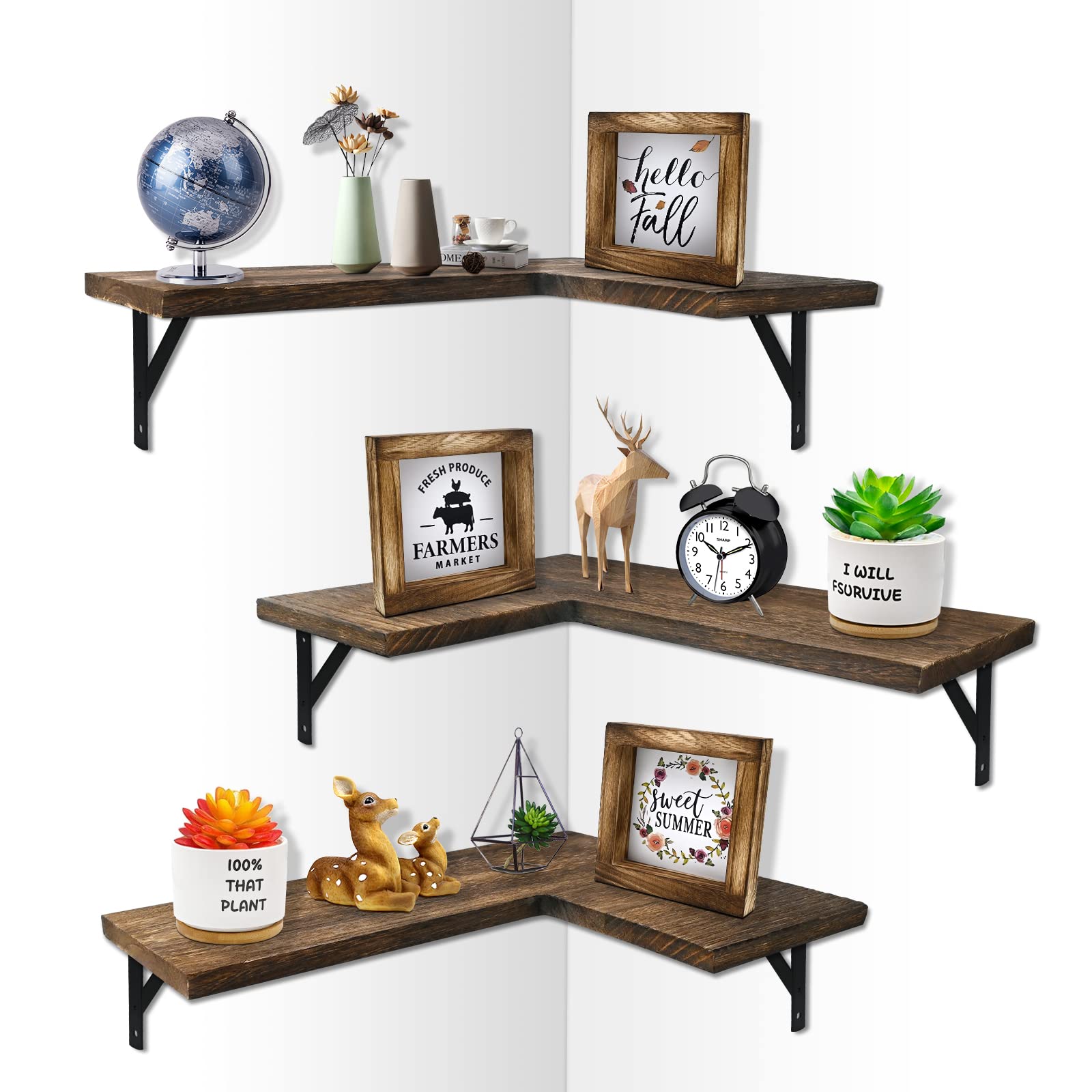 Mailesi Wooden Corner Floating Shelves Wall Mounted Shelf, 3 Set Rustic Wooden Wall Storage Organizer Invisible Shelves for Bedroom, Living Room, Bathroom, Kitchen, Office, Farmhouse Decor