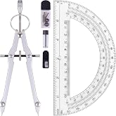 Unjoo Compass and Protractor Set, Math Compass for Geometry (Silver) | Professional Drawing Compass Tool, Metal Compass with Extra Refills, 6 Inch Math Protractors 180 Degree, For School, Office