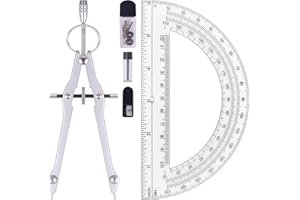 Unjoo Compass and Protractor Set, Professional Drawing Compass Tool, Metal Compass with Extra Refills, Compass for Geometry and 6 Inch Math Protractors 180 Degree (Silver)