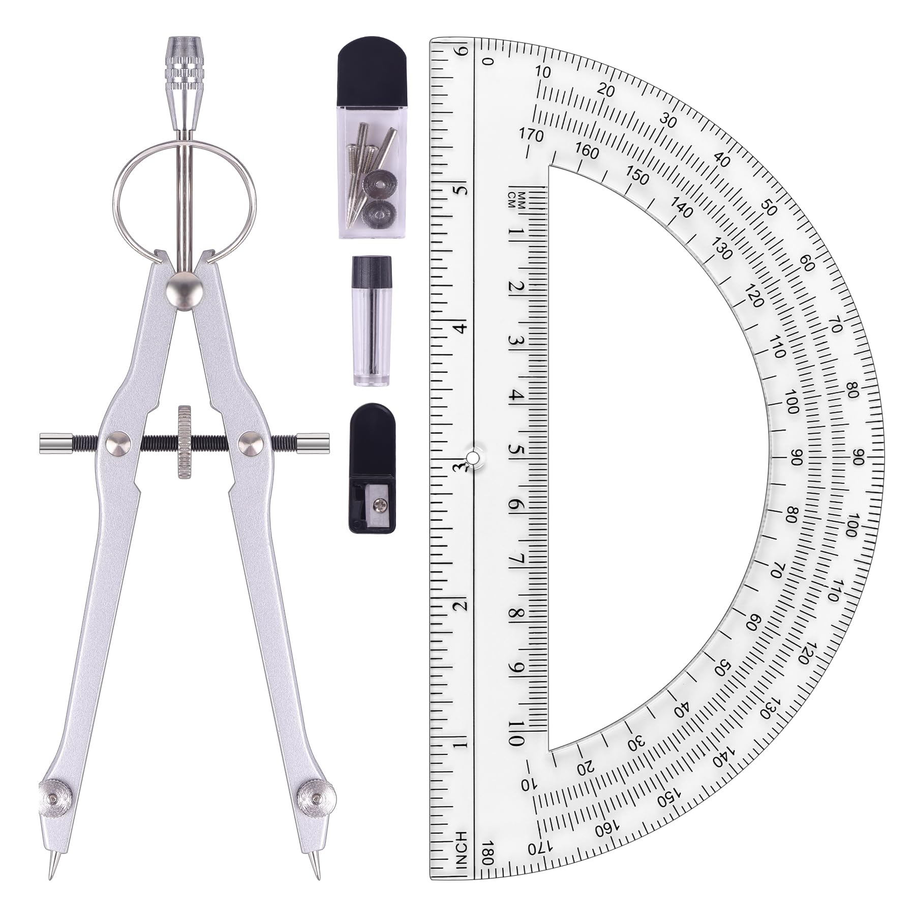 Photo 1 of ***MISSING PROTRACTOR***
Unjoo Compass and Protractor Set, Professional Drawing Compass Tool, Metal Compass with Extra Refills, Compass for Geometry and 6 Inch Math Protractors 180 Degree (Silver)