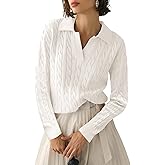 Micoson Womens Fall Long Sleeve Sweaters Lapel V Neck Cable Knitted Pullover Casual Soft Jumper Top