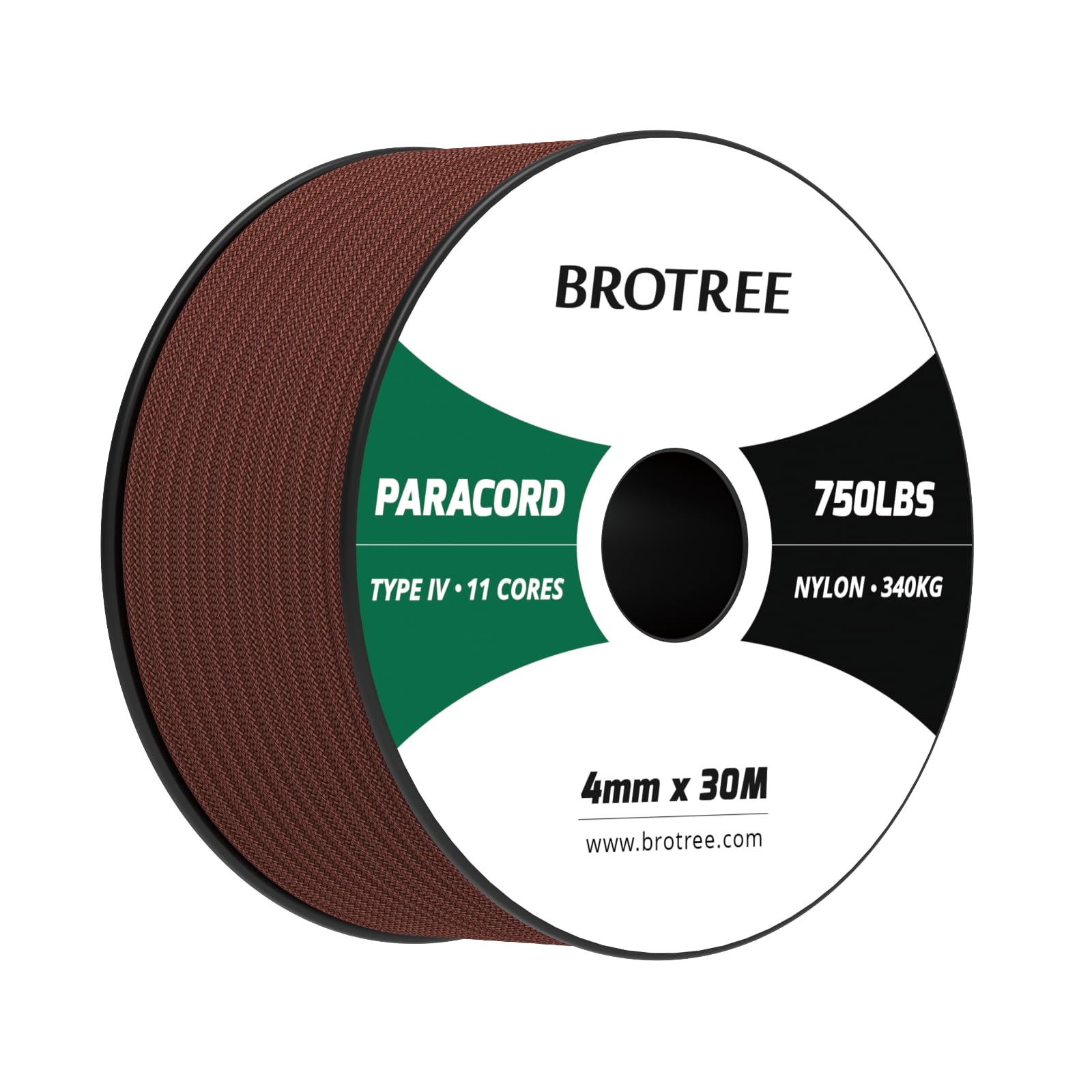 Brotree Paracord 4mm 30M 100% Nylon Rope 11 Strands 750lb Parachute Cord Type IV for Survival, Outdoor and DIY - 340kg Breaking Load (Chocolate Brown)
