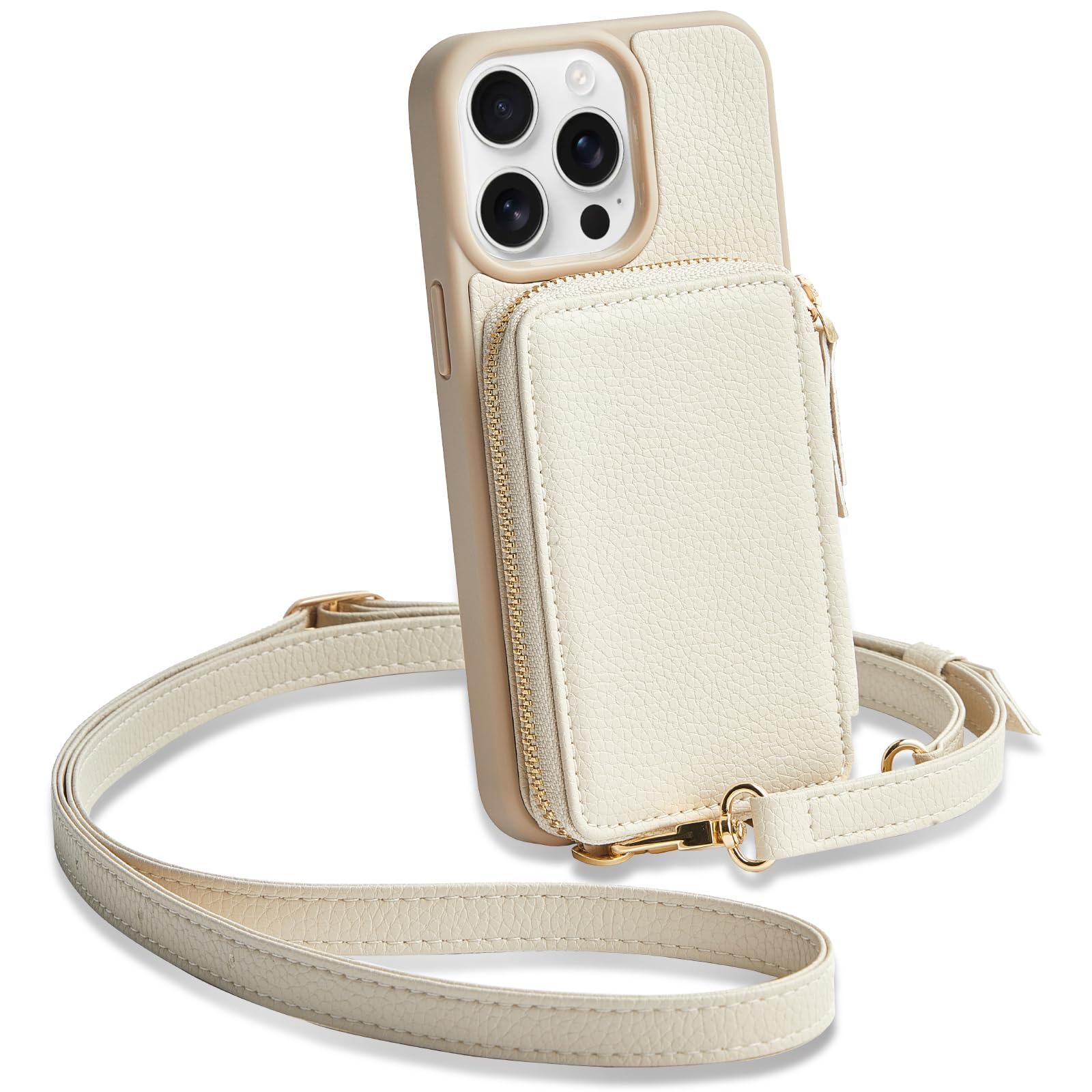 Photo 1 of ZVE for iPhone 15 Pro Max Wallet Case, Crossbody Card Holder Phone Purse for Women, RFID Blocking Zipper Leather Cover with Wrist Strap for iPhone 15 Pro Max (6.7 inch)- Beige