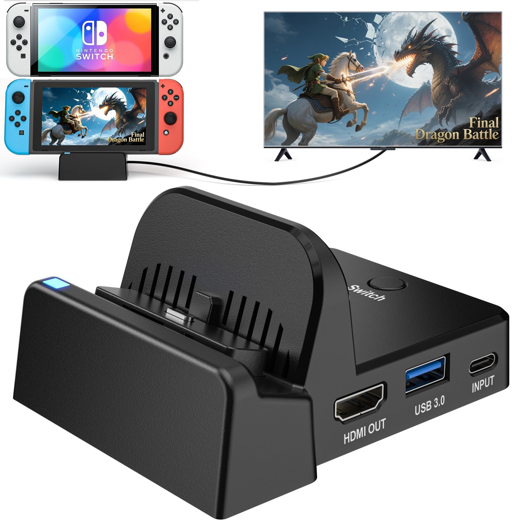 VIXLW TV Docking Station for Nintendo Switch/OLED,Portable Charging TV Dock Station with 4K HDMI Adapter/Type C Data Port/USB 3.0 Port,Replacement for Official Nintendo Switch Dock
