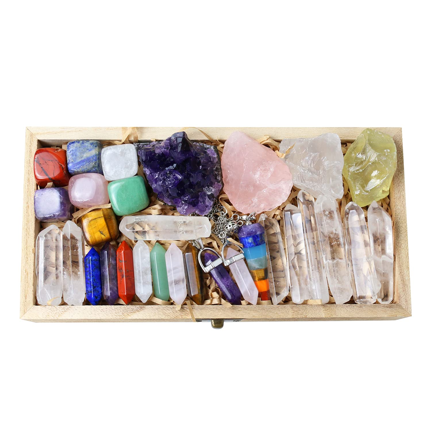 Nvzi Healing Crystals Kit in Wooden Box, Chakra Crystals Set, Crystals for Beginners, Meditation Accessories, Cristal Stone, Amethyst Crystal, Raw Crystals and Gemstones, Spiritual Gifts for Women