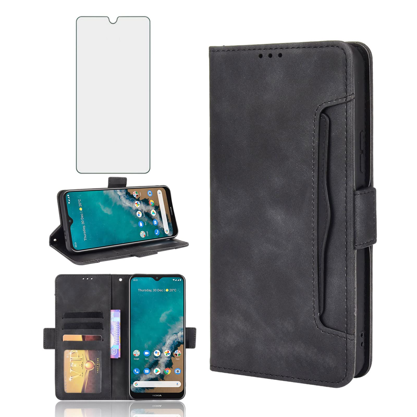 Asuwish Compatible with Nokia G50 5G Wallet Case and Tempered Glass Screen Protector Card Holder Credit ID Slot Stand Cell Accessories Phone Cover for NokiaG50 Women Men Black