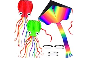 MILKY HOUSE 3 Pack Octopus Kite, 3D Kite Long Tail Easy Flyer Kite Beach Kites People Adults Gift 3 Colors (Blue Green Red) Kites for Kids Easy To Fly, Kite Kit with Kite String 100M, Kiteboarding Kite for Adults