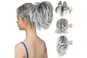 CJL HAIR Claw Clip Short Ponytail Hair Extensions Bendable Metals Messy Bun Hair piece Wavy Curly Fake Hairpieces (Gray and White Tips, Straight,8inch)