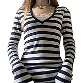 HOXIJIA Women Retro Y2K Long Sleeve Striped Shirt Casual V Neck Slim Fit Basic Top Grunge Aesthetic Out Going Streetwear