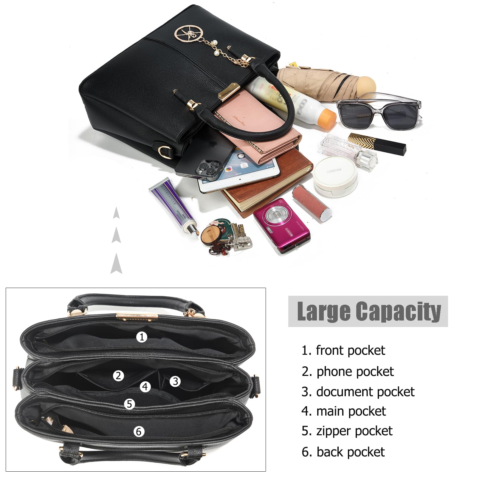 KURGOOL Purse and Handbags for Women, 3 Zip Compartments Tote Bag Designer Shoulder Purse Top Handle Satchel Bags