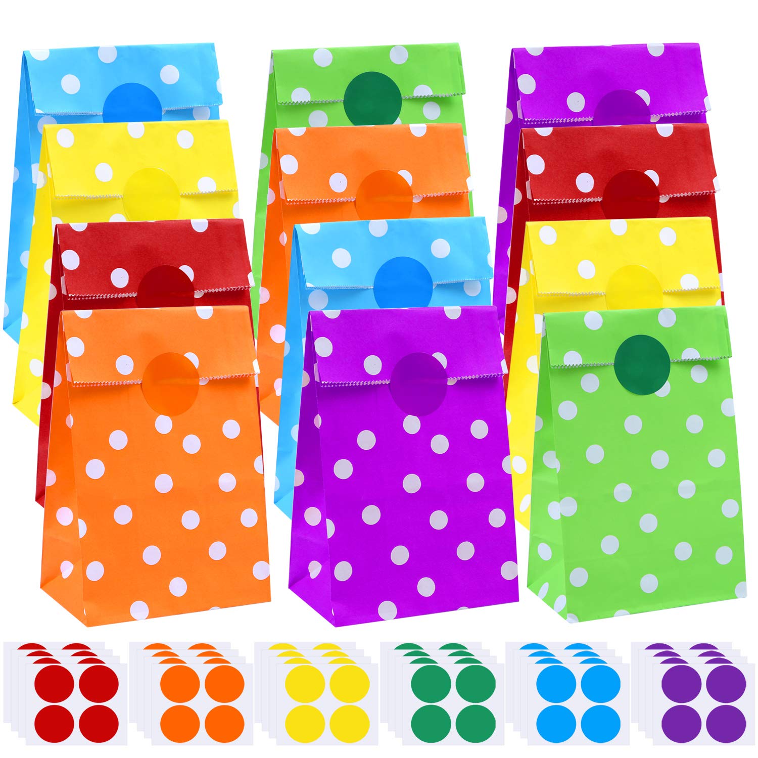 Anbobo 60 Pieces Paper Bags Waves Party Bags Flat Bottom Paper Bags Kraft Treat Bags with 96 Pieces Label Stickers for Party Favor (Dots)