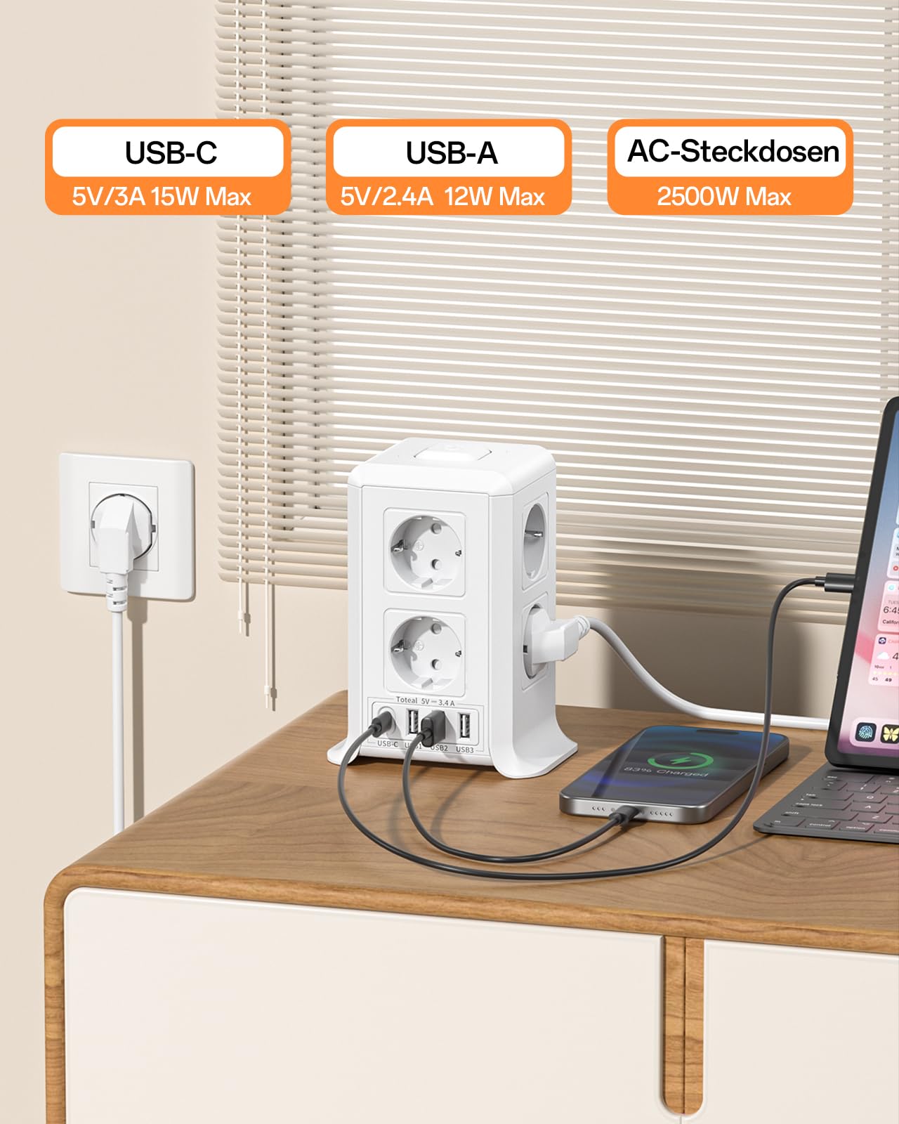 Mehrfachsteckdose mit USB-C, 8 Fach Steckdosenleiste mit Schalter, Steckerleiste mit 4 USB, Mehrfachstecker 2M Verlängerungskabel, Steckdosenwürfel mit Überspannungsschutz für Zuhause, Büro,Küche 4