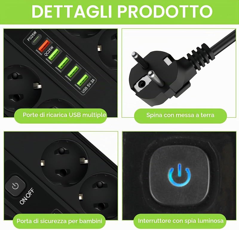 Multipresa USB-C nera: multipresa USB in rame ABS da 2 m con 5 USB A e 1 tipo C, porta di ricarica rapida, multipresa di ricarica rapida per casa, ufficio e soggiorno, nero — foto 3 di 7