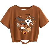 KYVPO Women's Distressed Crop Tee Halloween Ghost Pumpkin Fall Matching Top | Soft stretch cotton blend distressed crop tee . Trendy cropped fit, wear for Halloween gatherings and fall events.