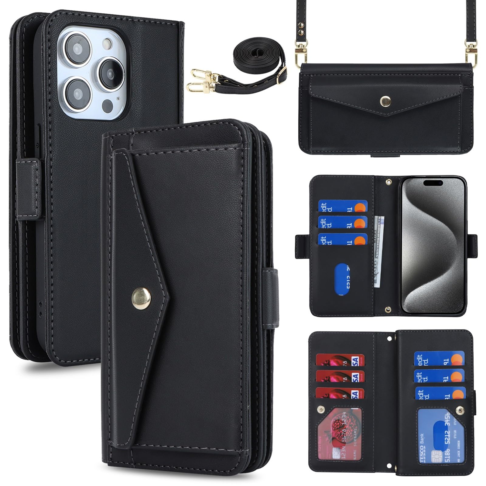 Zouzt for iPhone 15 Pro Wallet Case for Women, Purse with Credit Card Holder Slots Crossbody Lanyard Strap Flip Folio Book Shockproof Protective Cover for Apple iPhone 15 Pro 6.1 Inch (Black)