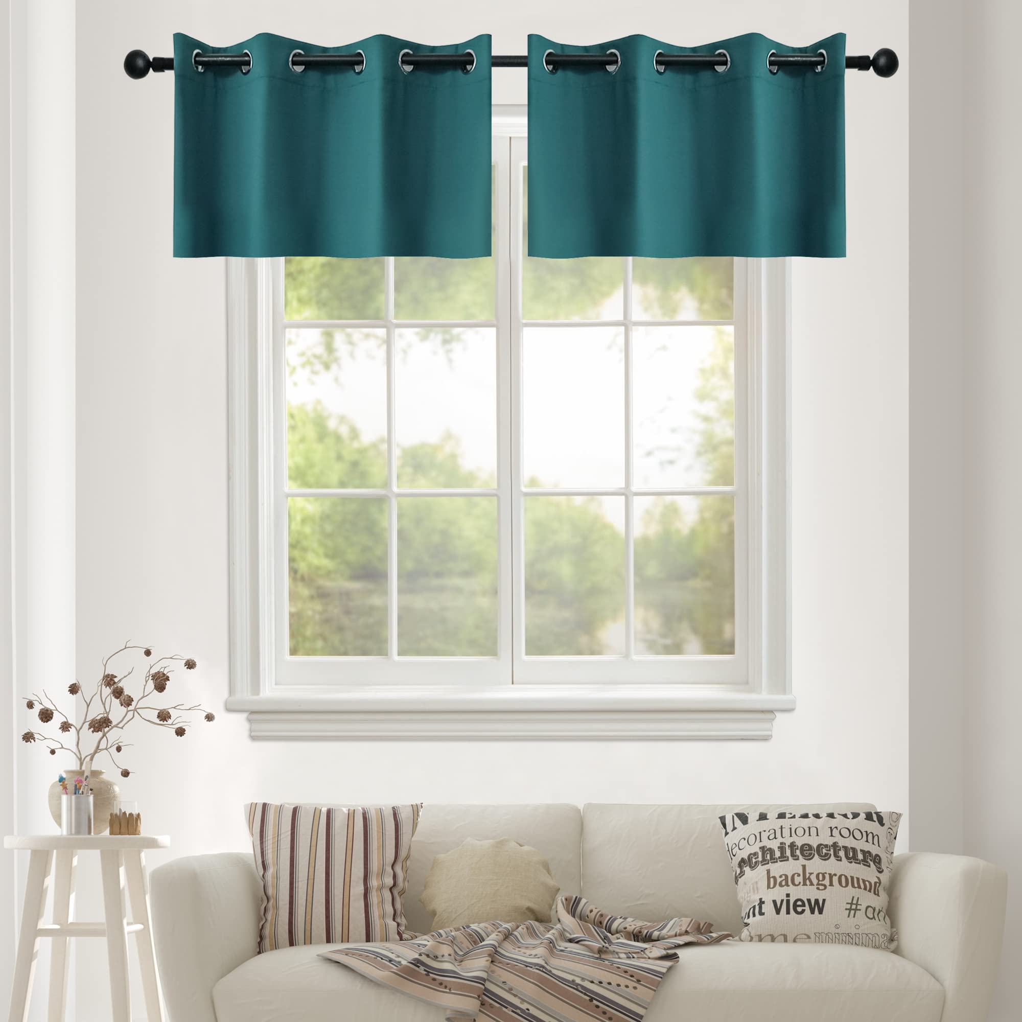 YGO Teal Grommet Curtain Valance Blackout Short Curtains for Small Windows (52 x 18 Inch, 2 Panels)