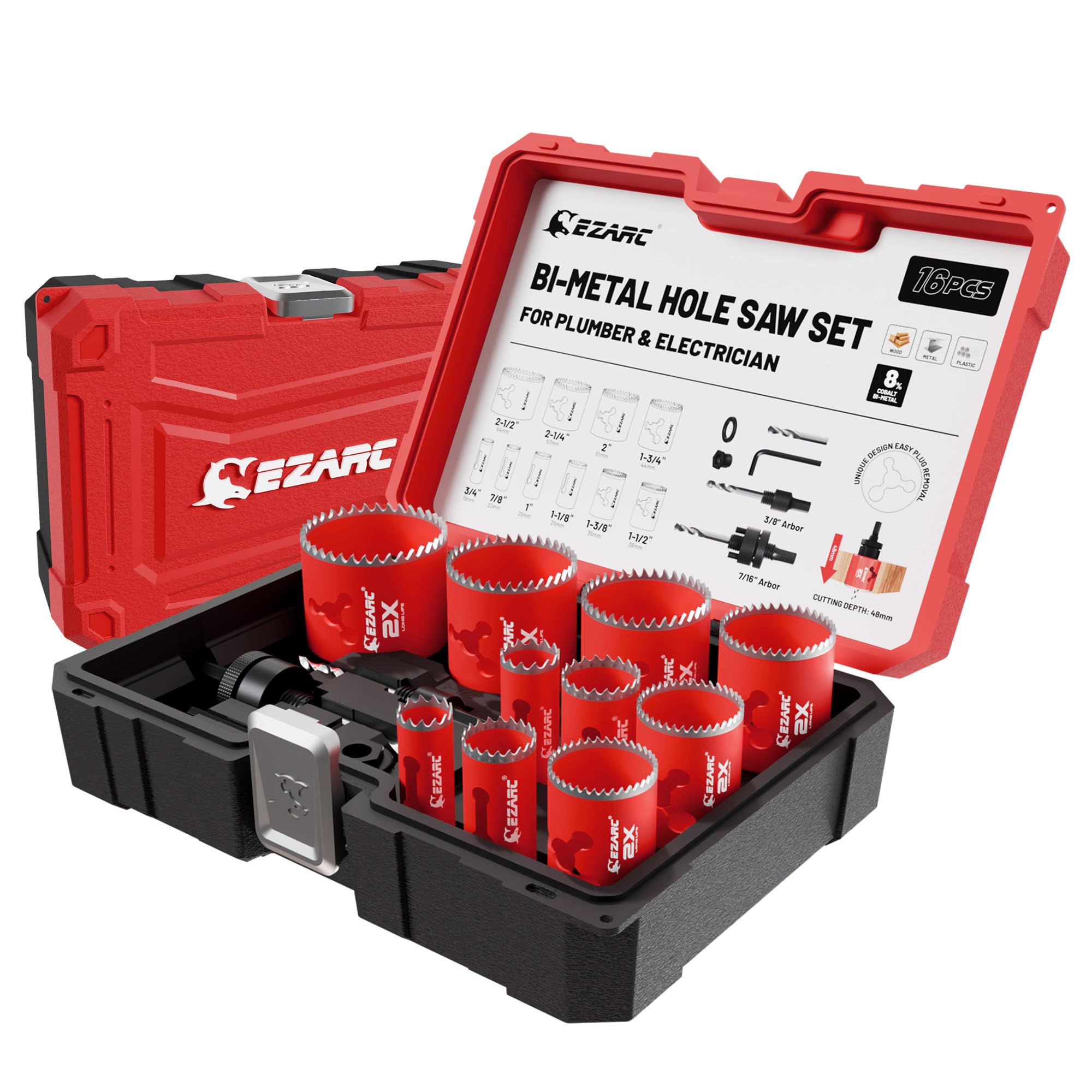 Photo 1 of EZARC Hole Saw Kit, 16Pcs Bi-Metal Hole Saw Set with 3/4"-2-1/2"(19-64mm), Mandrels, Drill Bits, Installation Plate, Hex Key with Storage Case, Ideal for Wood, Metal, Plywood, PVC Board