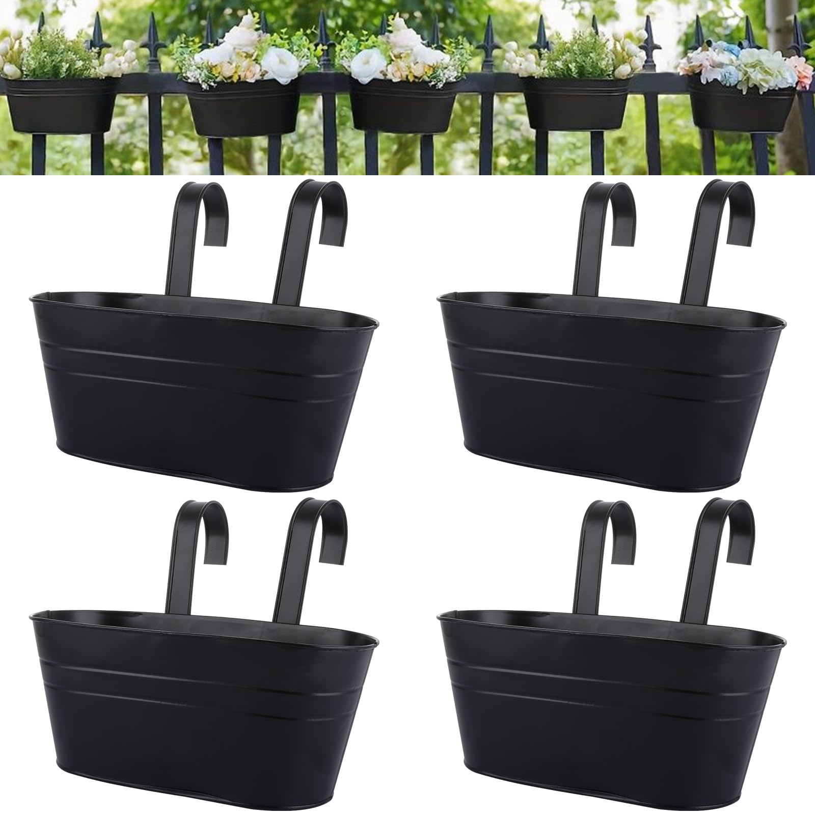 APACALI 4 Pack Metal Hanging Plant Pot, 27cm Balcony Planters for Railing, Over Fence Planters with Detachable Hooks, Hanging Flower Pots for Fence Garden Home Decor, Black