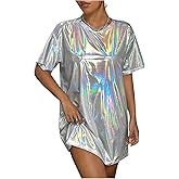 Floerns Women's Metallic Short Sleeve Tee Shirt Dress Holographic Disco Dress