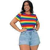 Floerns Women's Plus Size Striped Print Short Sleeve Round Neck Tee Shirt