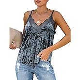 xxxiticat Women's Sexy Velvet Cami V Neck Dressy Sleeveless See Through Lace Tank Tops with Adjustable Spaghetti Straps