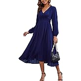 Kormei Women Casual Boho V Neck Long Sleeve Swiss Dot Smocked High Waist A Line Swing Fall Midi Long Dress