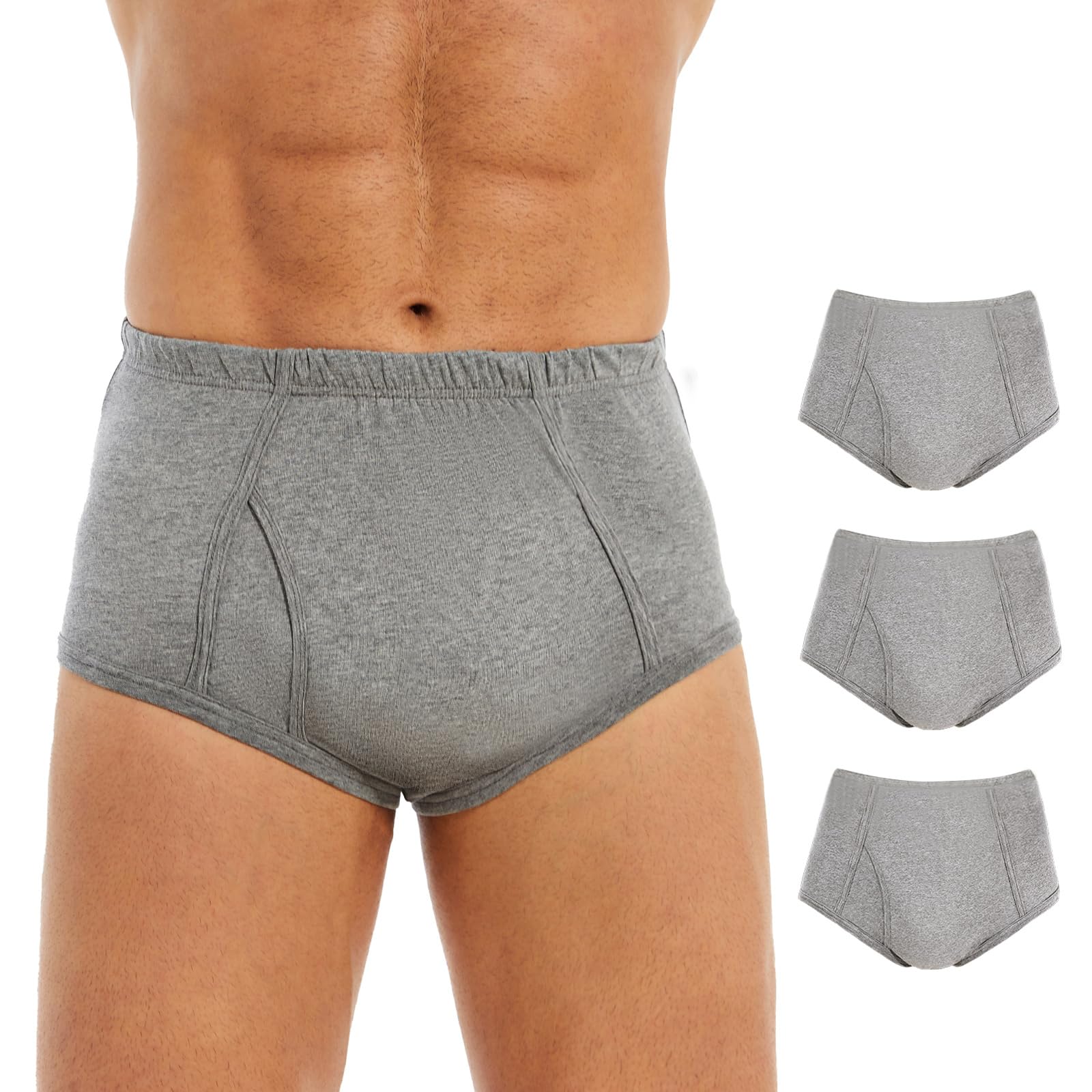 Photo 1 of PurityLock Men's Incontinence Underwear Washable - Cotton Leak Proof Briefs with Flying, Complete Front & Rear Leakproof, 150ml Absorbency (3 Pack, Gray, L)
