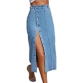 Trendy High Waisted Denim Skirt for Women Button Front Slit Midi Skirt for Ladies Fashion 2025 Summer