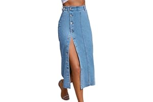 HBQ Trendy High Waisted Denim Skirt for Women Button Front Slit Midi Skirt for Ladies Fashion 2025 Summer