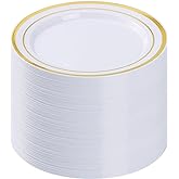 BESTVIP 100PCS Gold Plastic Plates, 10.25 Inch Disposable Dinner Plate Party with Gold Rim for Christmas, Thanksgiving, Heavy Duty Disposable Plastic Plates for Party, Wedding and Birthday, Events